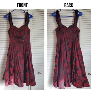 Red And Black Brocade Lace-Up Dress